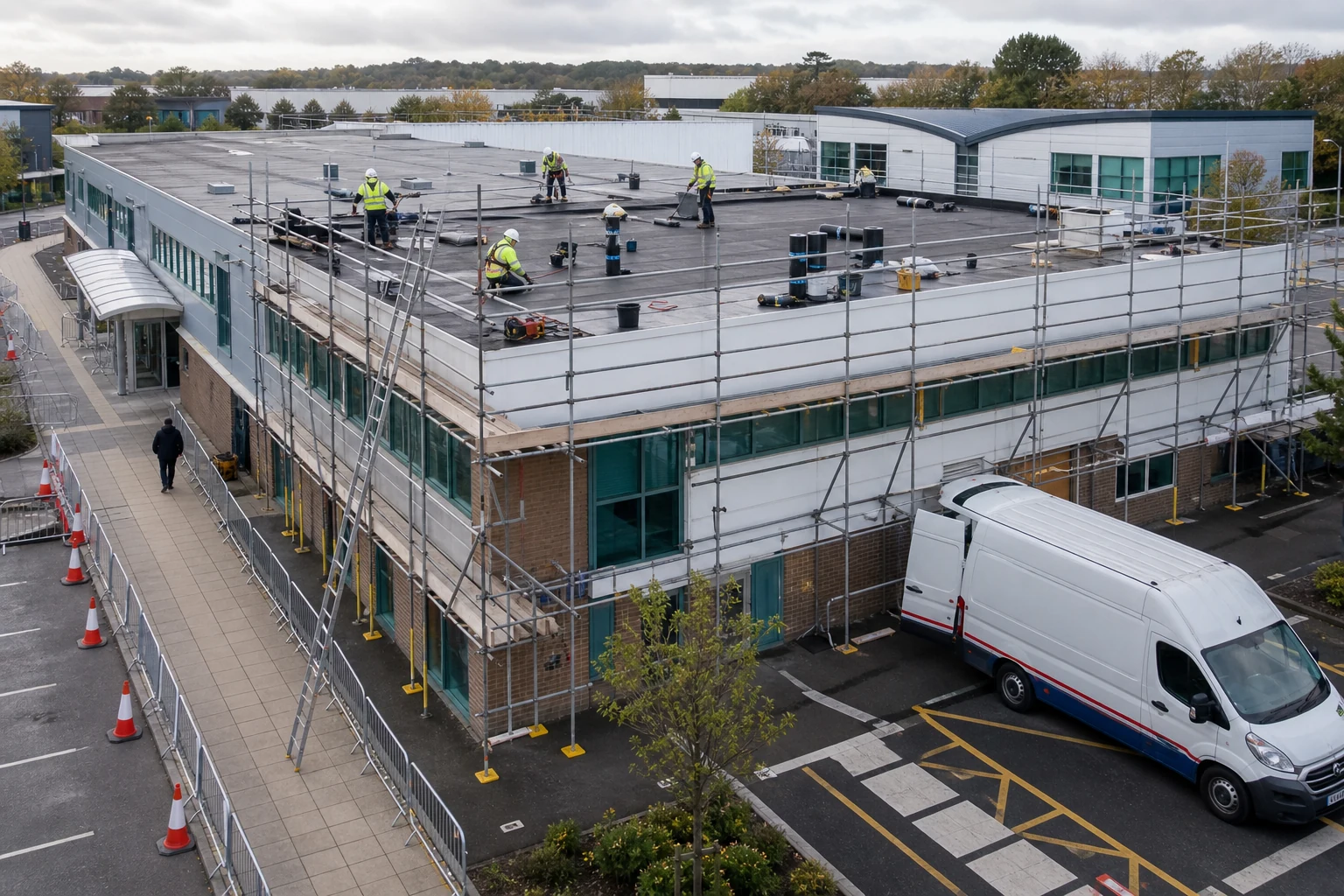 Commercial roof works with safe access routes kept clear.
