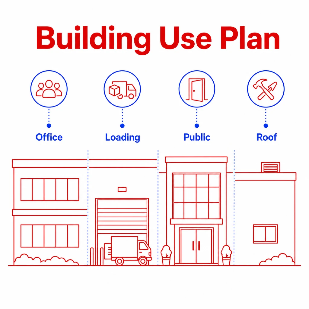 Graphic showing building use zones for roof works planning.