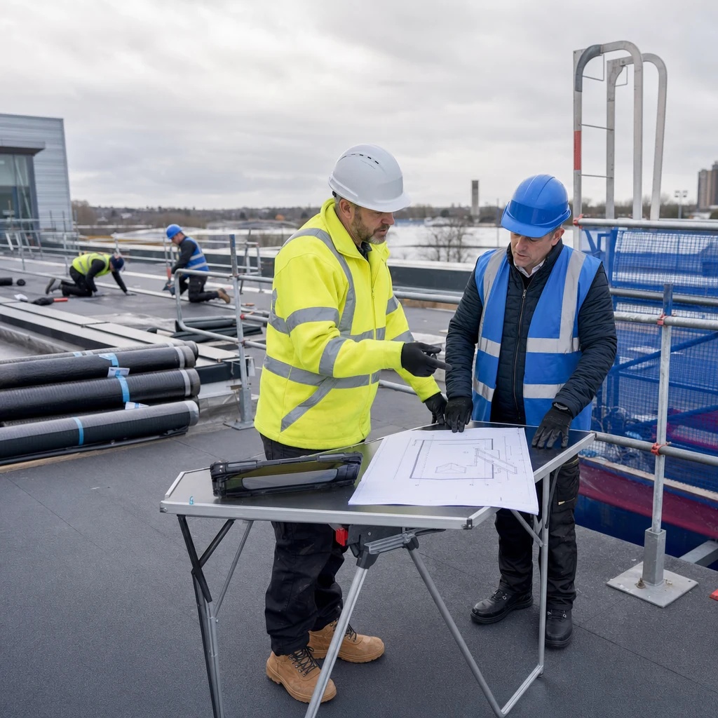 Roofing supervisor discussing the programme with a site contact.