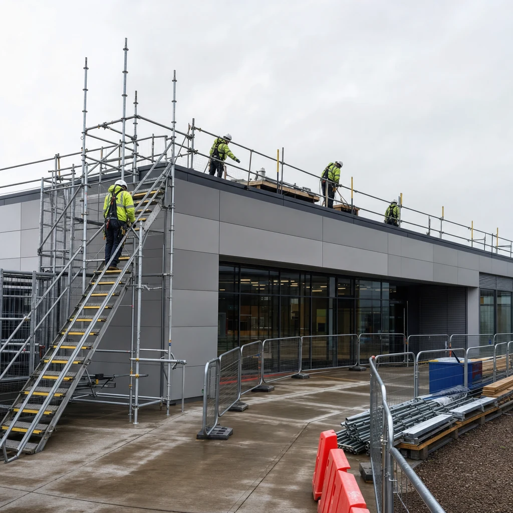 Safe scaffold access and clear walkway during roof works.