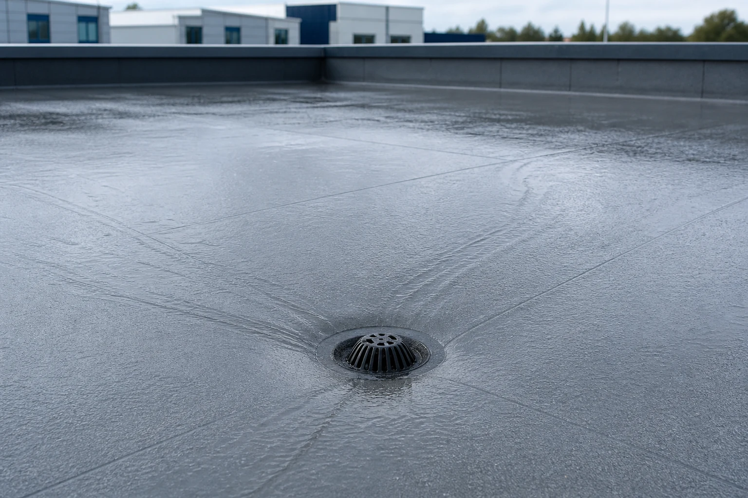 Clean flat roof drain on a maintained single ply membrane
