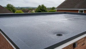 Finished felt flat roof with rainwater beading on the surface