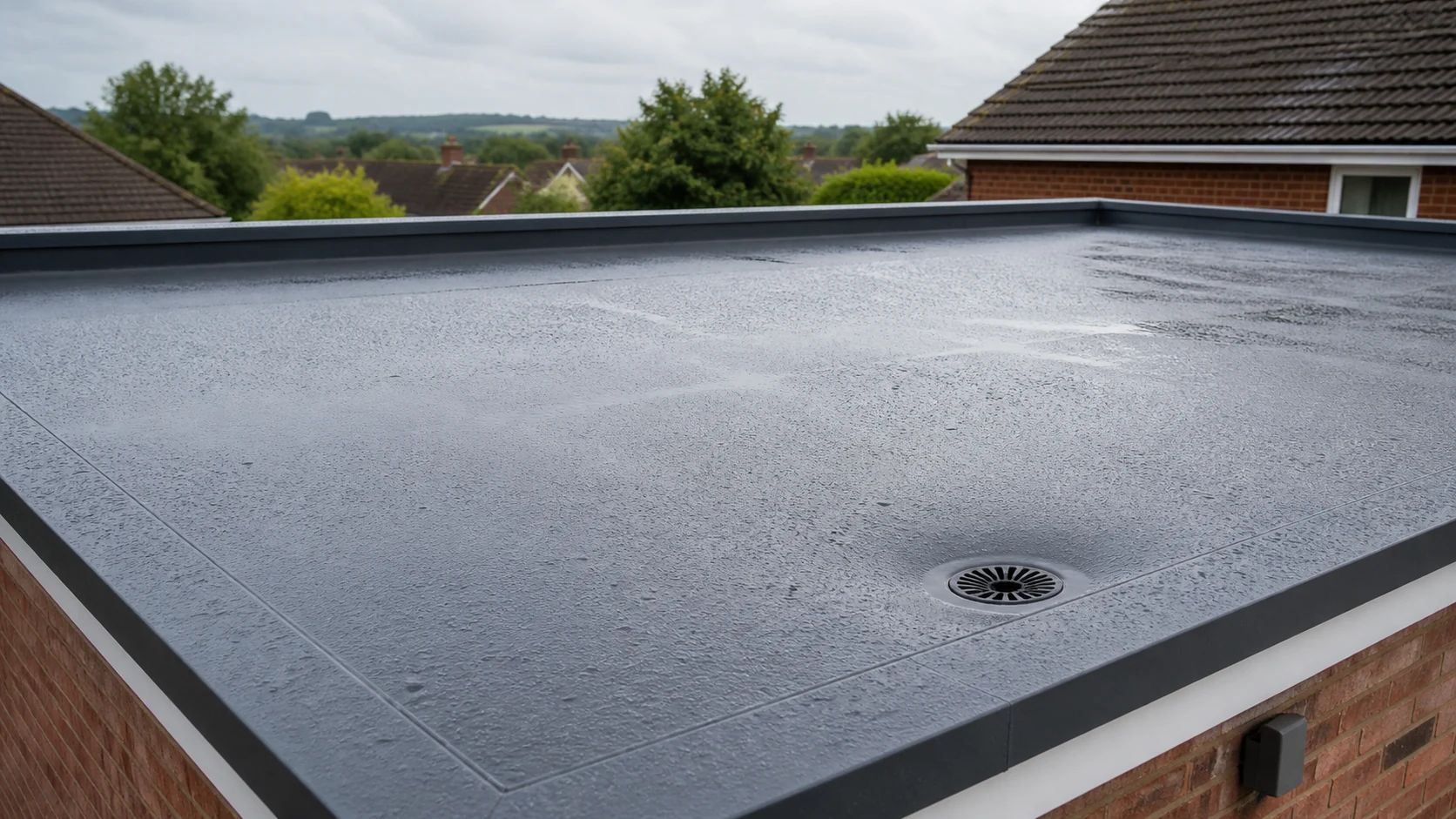 Finished felt flat roof with rainwater beading on the surface